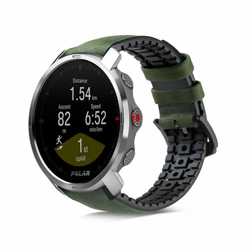 Leather Hybrid Strap, black/green, on a watch, 3/4 front view