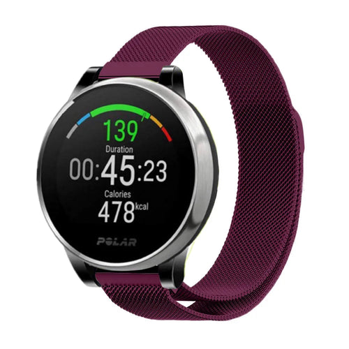 Milanese Strap, purple, on a watch, 3/4 front view