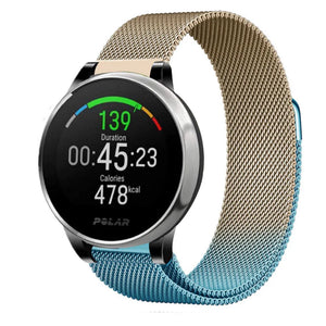 Milanese Strap, blue/gold, on a watch, 3/4 front view