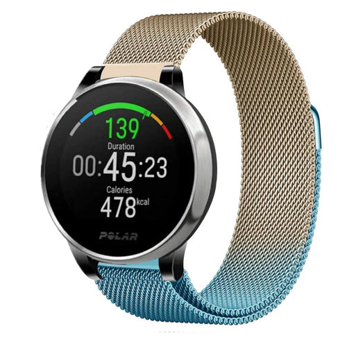 Milanese Strap, blue/gold, on a watch, 3/4 front view
