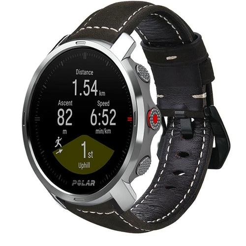 Leather Strap, black, on a watch, 3/4 front view