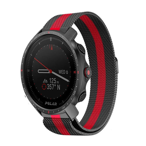 Milanese Strap, black/red, on a watch, 3/4 front view