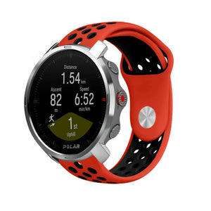 Silicone Sport Strap, red/black, on a watch, 3/4 front view