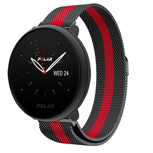 Milanese Strap, black/red, on a watch, 3/4 front view