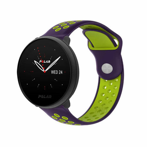 Silicone Sport Strap, purple/green, on a watch, 3/4 front view