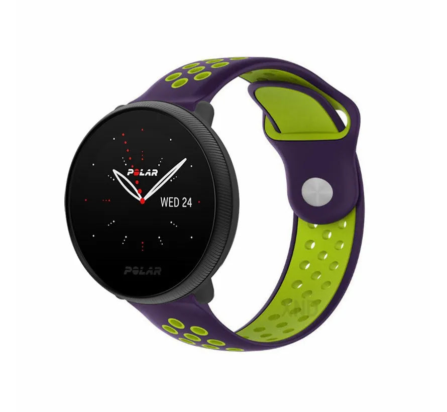 Silicone Sport Strap, purple/green, on a watch, 3/4 front view
