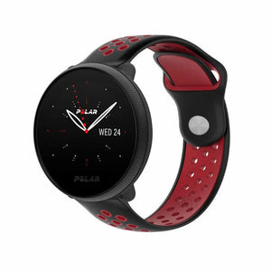 Silicone Sport Strap, black/red, on a watch, 3/4 front view