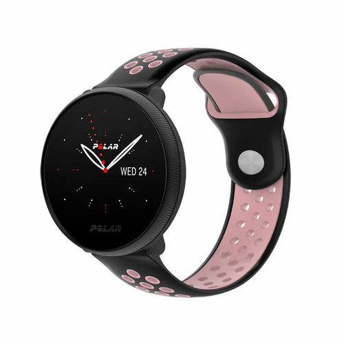 Silicone Sport Strap, black/pink, on a watch, 3/4 front view