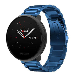 Steel Strap, blue, on a watch, 3/4 front view
