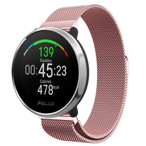 Milanese Strap, pink, on a watch, 3/4 front view
