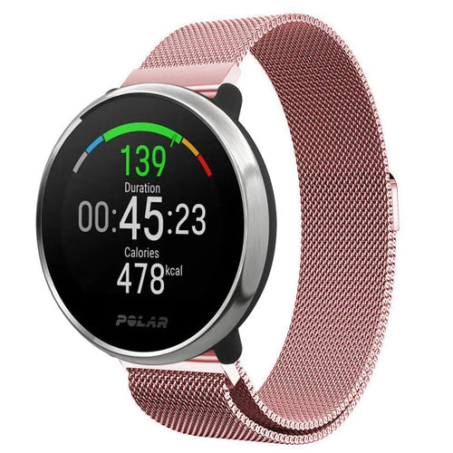 Milanese Strap, pink, on a watch, 3/4 front view