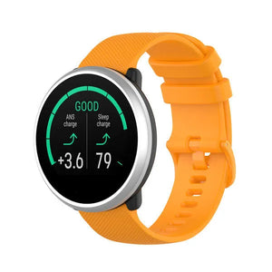 Premium Silicone Strap, orange, on a watch, 3/4 front view