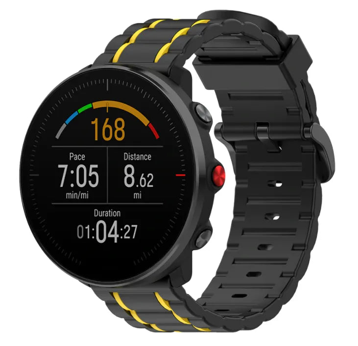 Silicone Strap 'Tough', black/yellow, on a watch, 3/4 front view