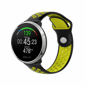 Silicone Sport Strap, black/yellow, on a watch, 3/4 front view