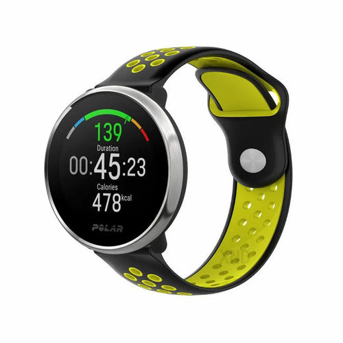 Silicone Sport Strap, black/yellow, on a watch, 3/4 front view