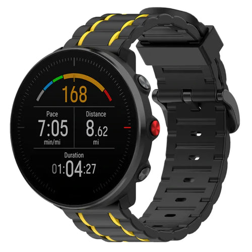 Silicone Strap 'Tough', black/yellow, on a watch, 3/4 front view