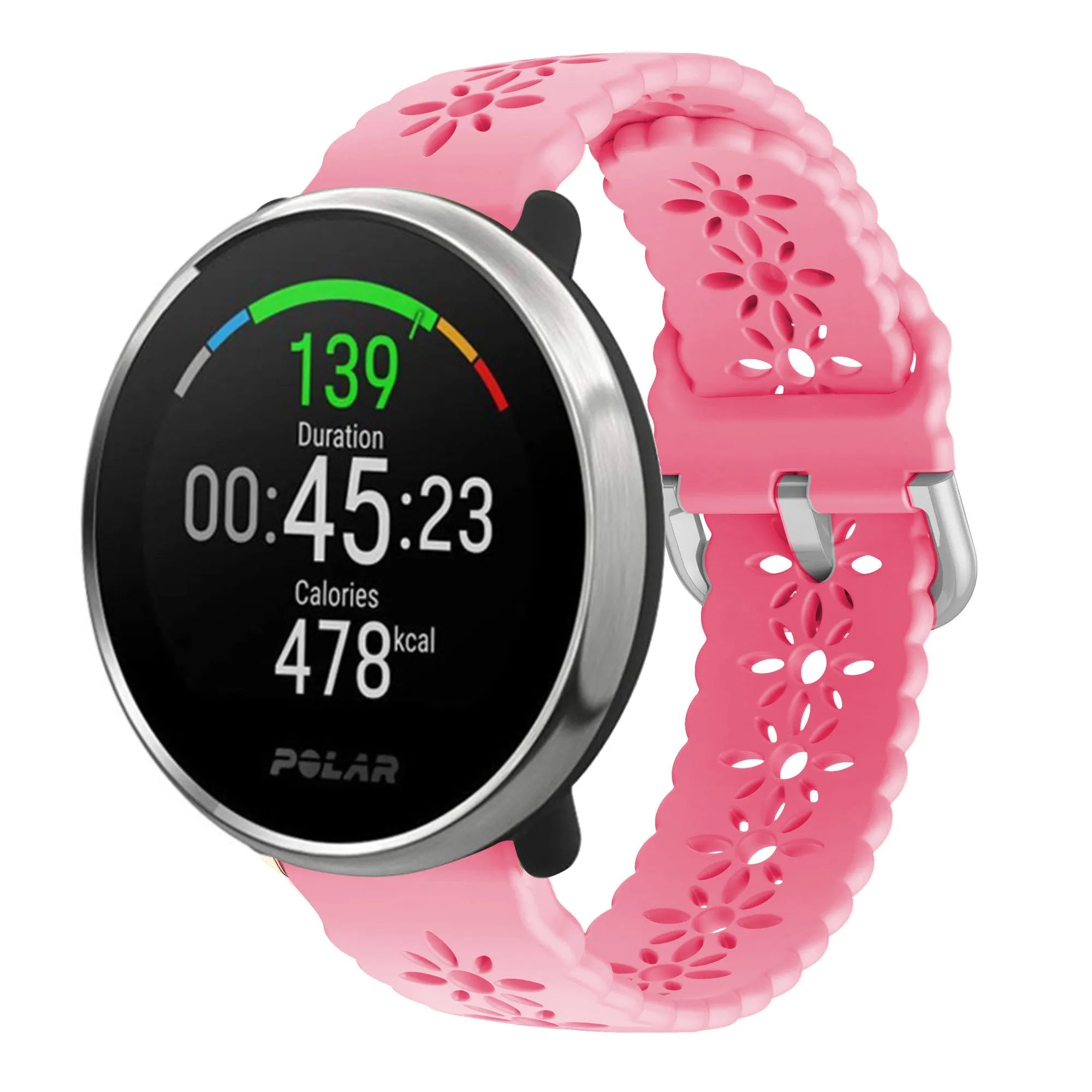 Patterned Silicone Strap, bright pink, on a watch, 3/4 front view