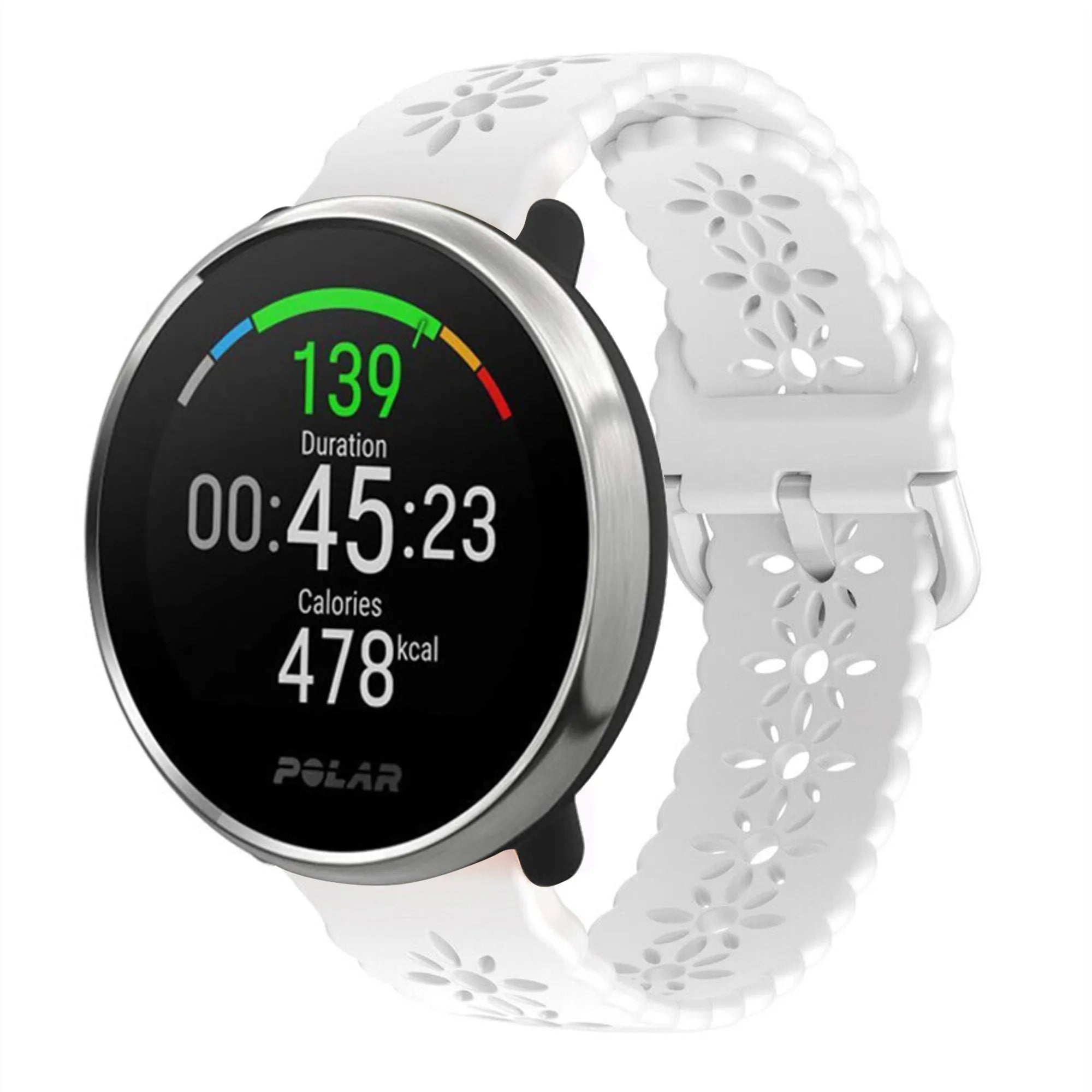Patterned Silicone Strap, white, on a watch, 3/4 front view