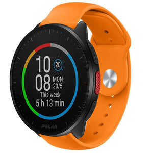 Silicone Sport Strap, orange, on a watch, 3/4 front view
