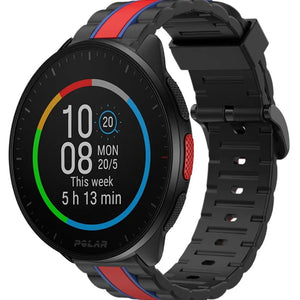 Silicone Special Edition Strap, black/red, on a watch, 3/4 front view