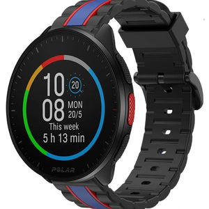 Silicone Special Edition Strap, black/blue, on a watch, 3/4 front view