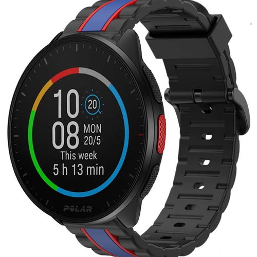Silicone Special Edition Strap, black/blue, on a watch, 3/4 front view