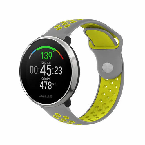 Silicone Sport Strap, grey/yellow, on a watch, 3/4 front view