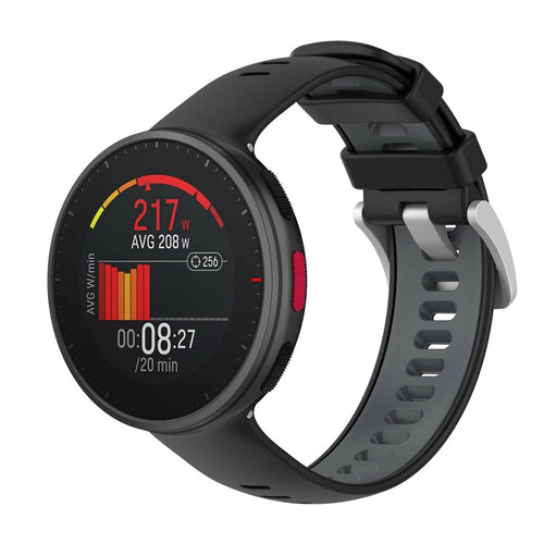 Silicone Sport Strap, black/grey, on a watch, 3/4 front view