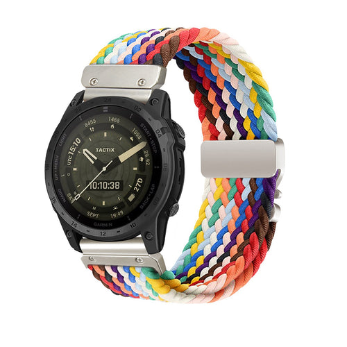 Nylon Braided Strap P-Buckle, rainbow, on a watch, 3/4 front view
