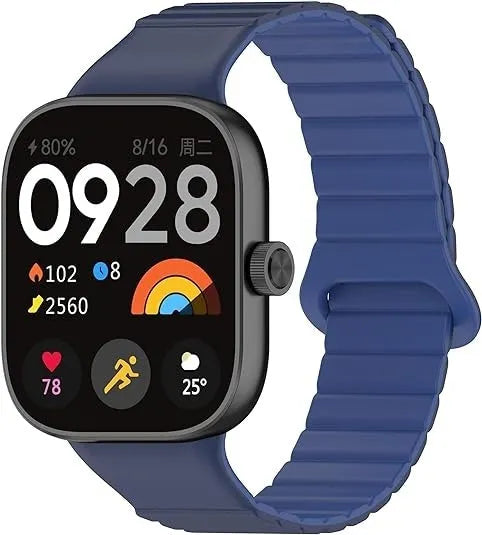 Magnetic Silicone Strap, duo blue, on a watch, 3/4 front view