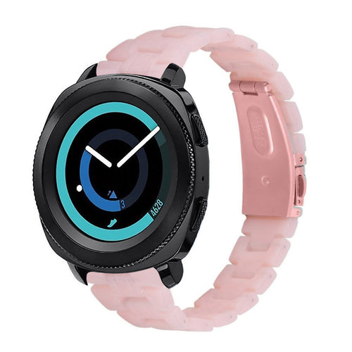 Metal Resin Strap, pink, on a watch, 3/4 front view