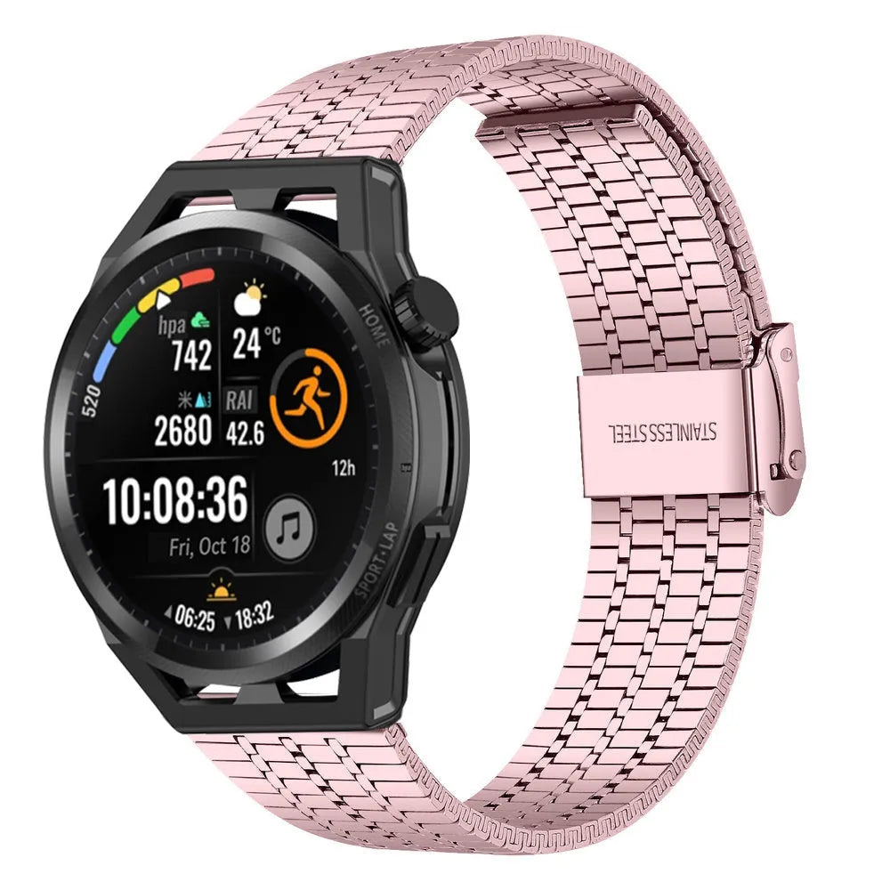 Fine Steel Strap, pink, on a watch, 3/4 front view