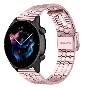 Fine Steel Strap, pink, on a watch, 3/4 front view