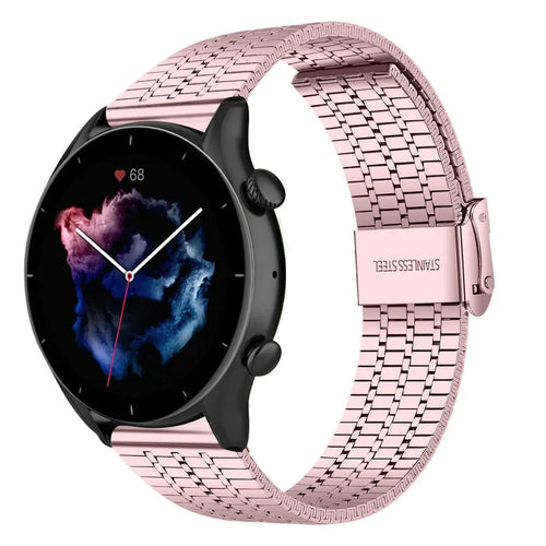 Fine Steel Strap, pink, on a watch, 3/4 front view
