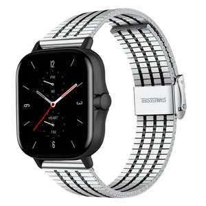 Fine Steel Strap, silver/black, on a watch, 3/4 front view