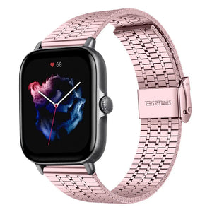 Fine Steel Strap, pink, on a watch, 3/4 front view
