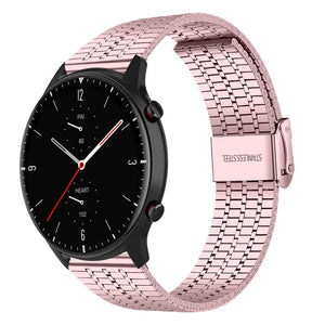 Fine Steel Strap, pink, on a watch, 3/4 front view