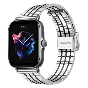 Fine Steel Strap, silver/black, on a watch, 3/4 front view