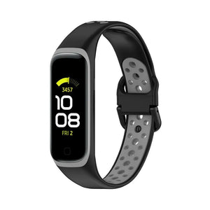Silicone Sport Strap, black/grey, on a watch, 3/4 front view