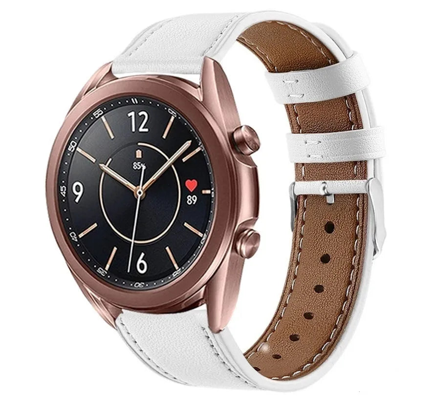 Modern Leather Strap, white, on a watch, 3/4 front view