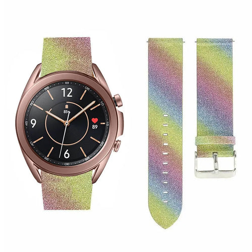 Leather Strap with Glitters, rainbow, on a watch, 3/4 front view