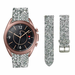 Leather Strap with Glitters, silver, on a watch, 3/4 front view
