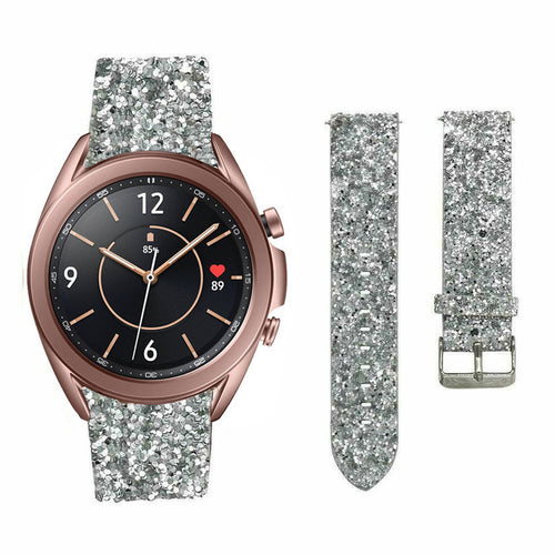 Leather Strap with Glitters, silver, on a watch, 3/4 front view
