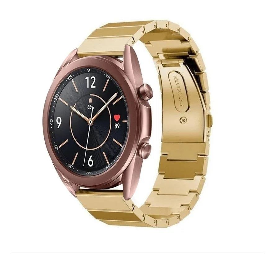 Premium Metal Strap, gold, on a watch, 3/4 front view