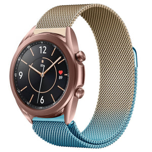 Milanese Strap, blue/gold, on a watch, 3/4 front view