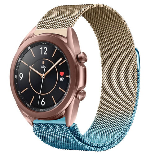 Milanese Strap, blue/gold, on a watch, 3/4 front view