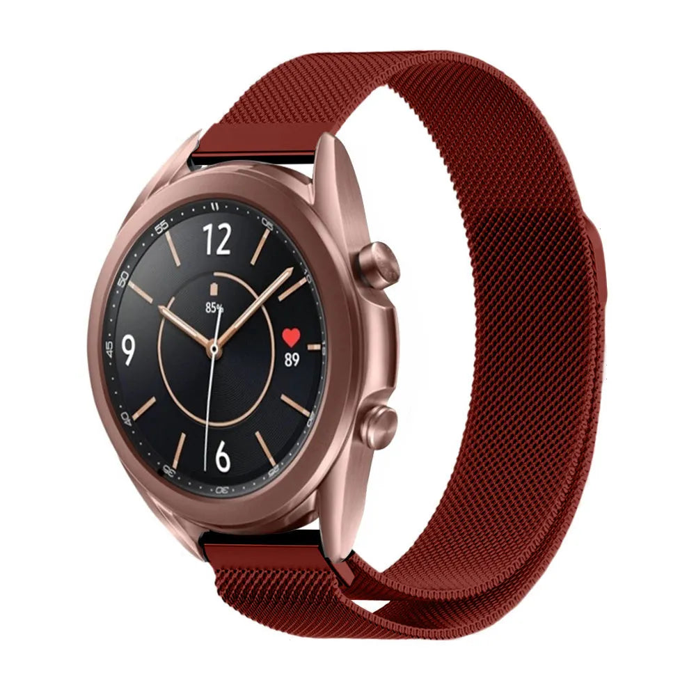 Milanese Strap, red, on a watch, 3/4 front view