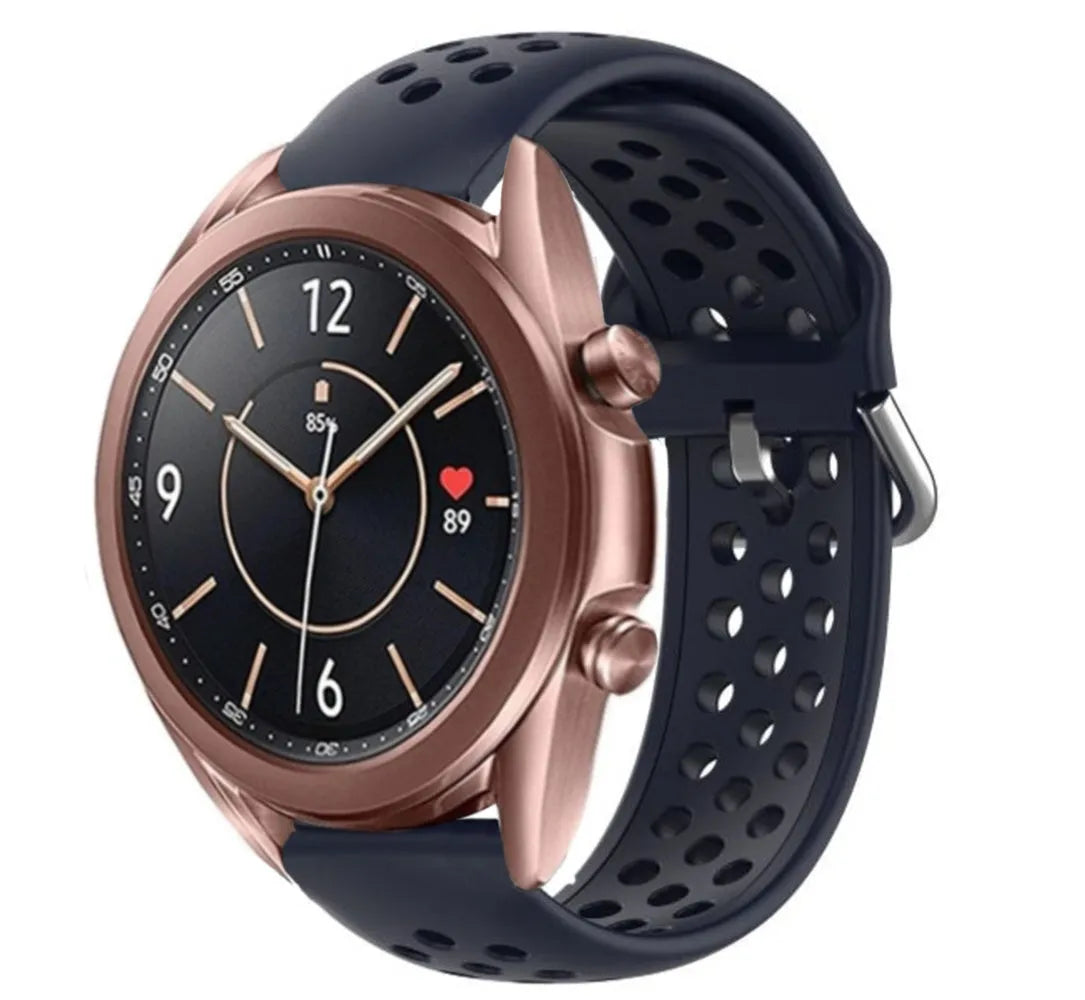 Breathable Silicone Strap, dark blue, on a watch, 3/4 front view