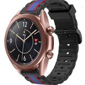 Silicone Special Edition Strap, black/blue, on a watch, 3/4 front view