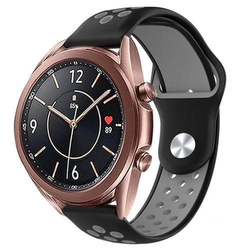 Silicone Sport Strap, black/grey, on a watch, 3/4 front view